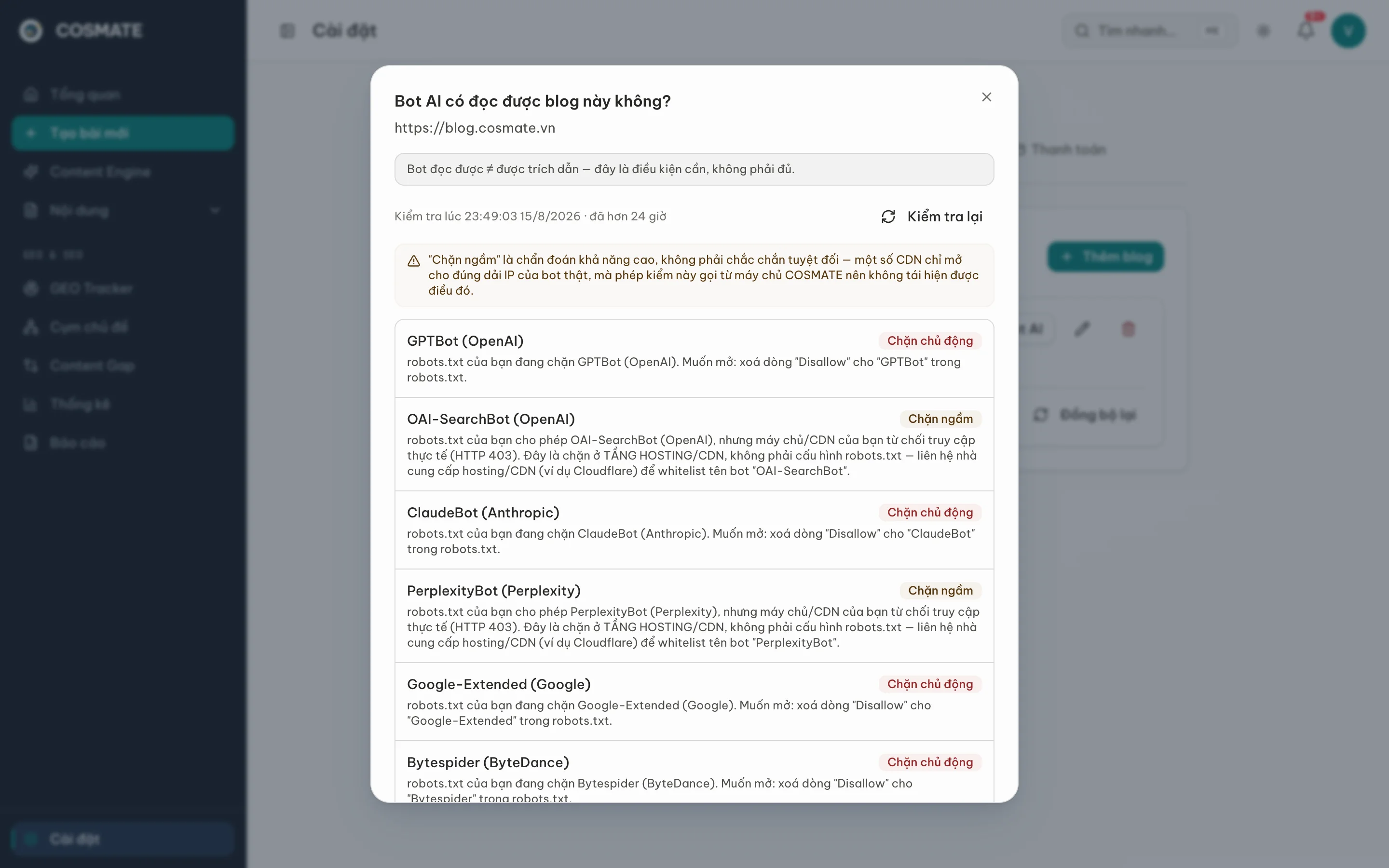 Hộp thoại Bot AI có đọc được blog này không, với kết quả từng bot