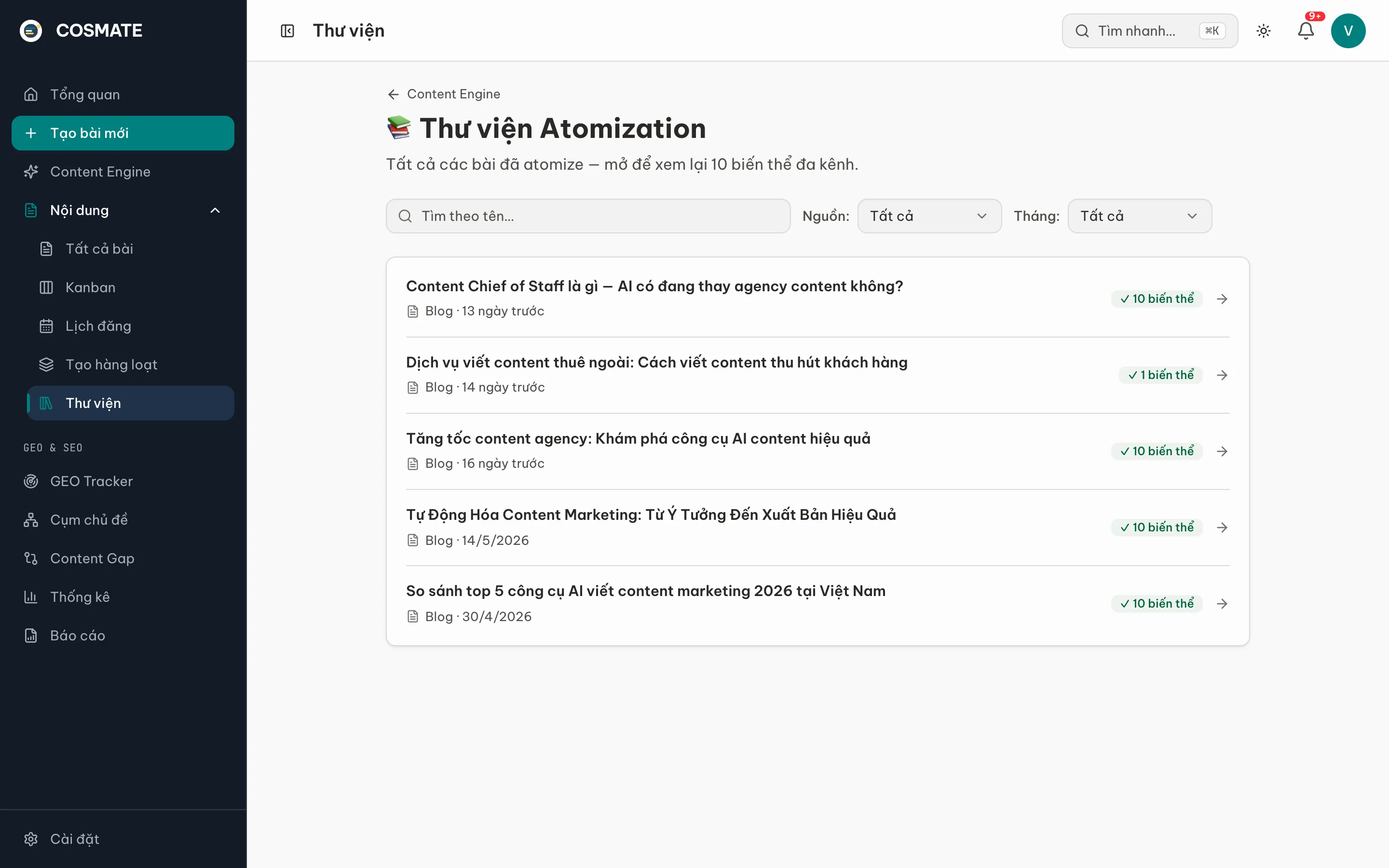 Thư viện Atomization với danh sách bài đã atomize