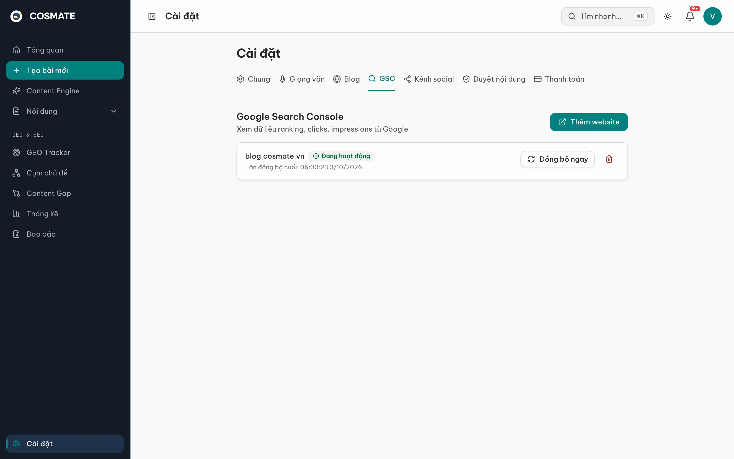 Tab GSC trong Cài đặt, một website đang hoạt động và nút Đồng bộ ngay