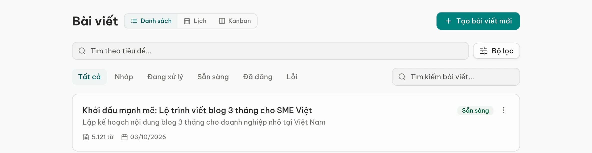 Trang Bài viết: các tab trạng thái, ô tìm kiếm và nút Bộ lọc