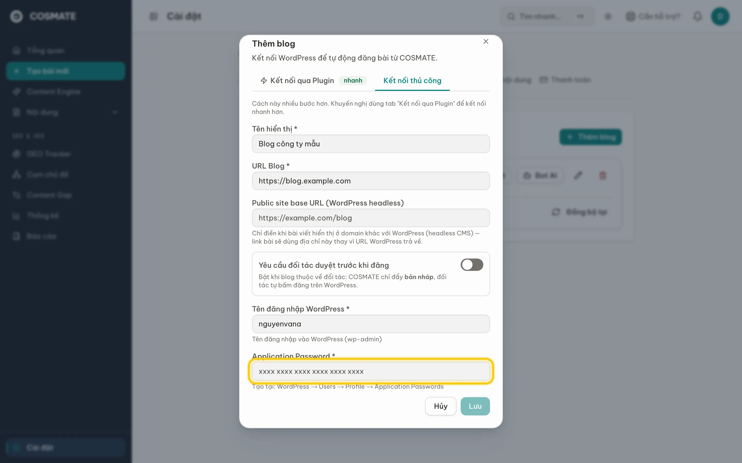 Tab Kết nối thủ công, ô Application Password được khoanh vàng