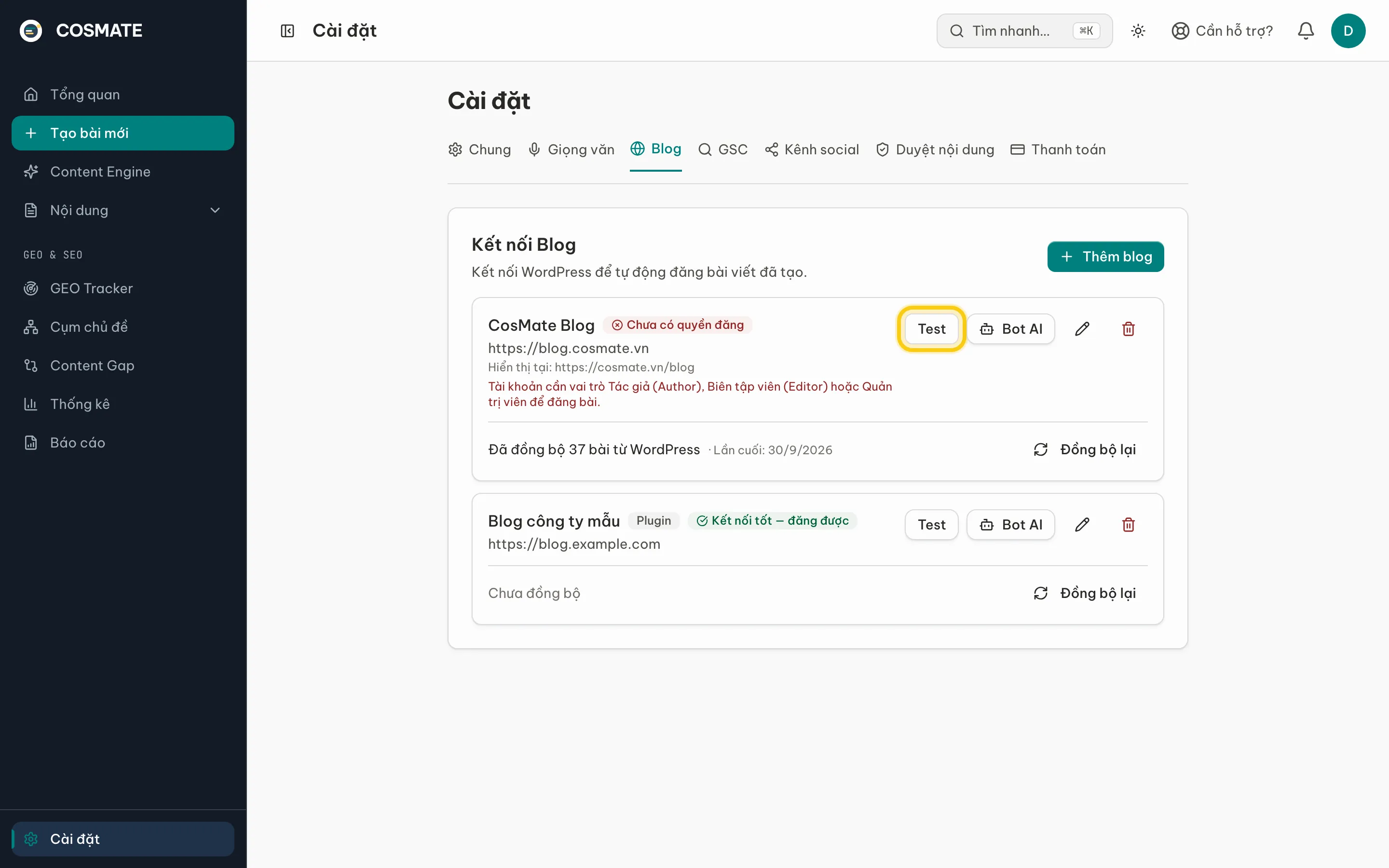 Blog trong Cài đặt → Blog, nút Test được khoanh vàng