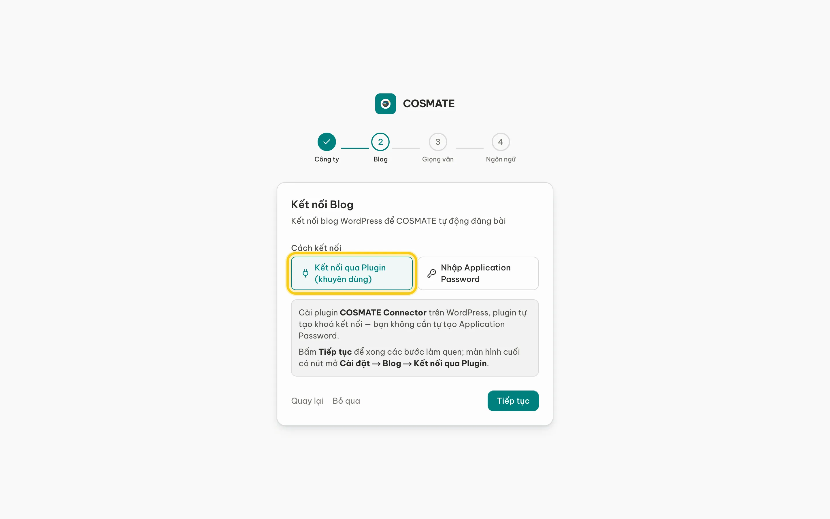 Bước Kết nối Blog với hai cách kết nối, Kết nối qua Plugin (khuyên dùng) được khoanh vàng