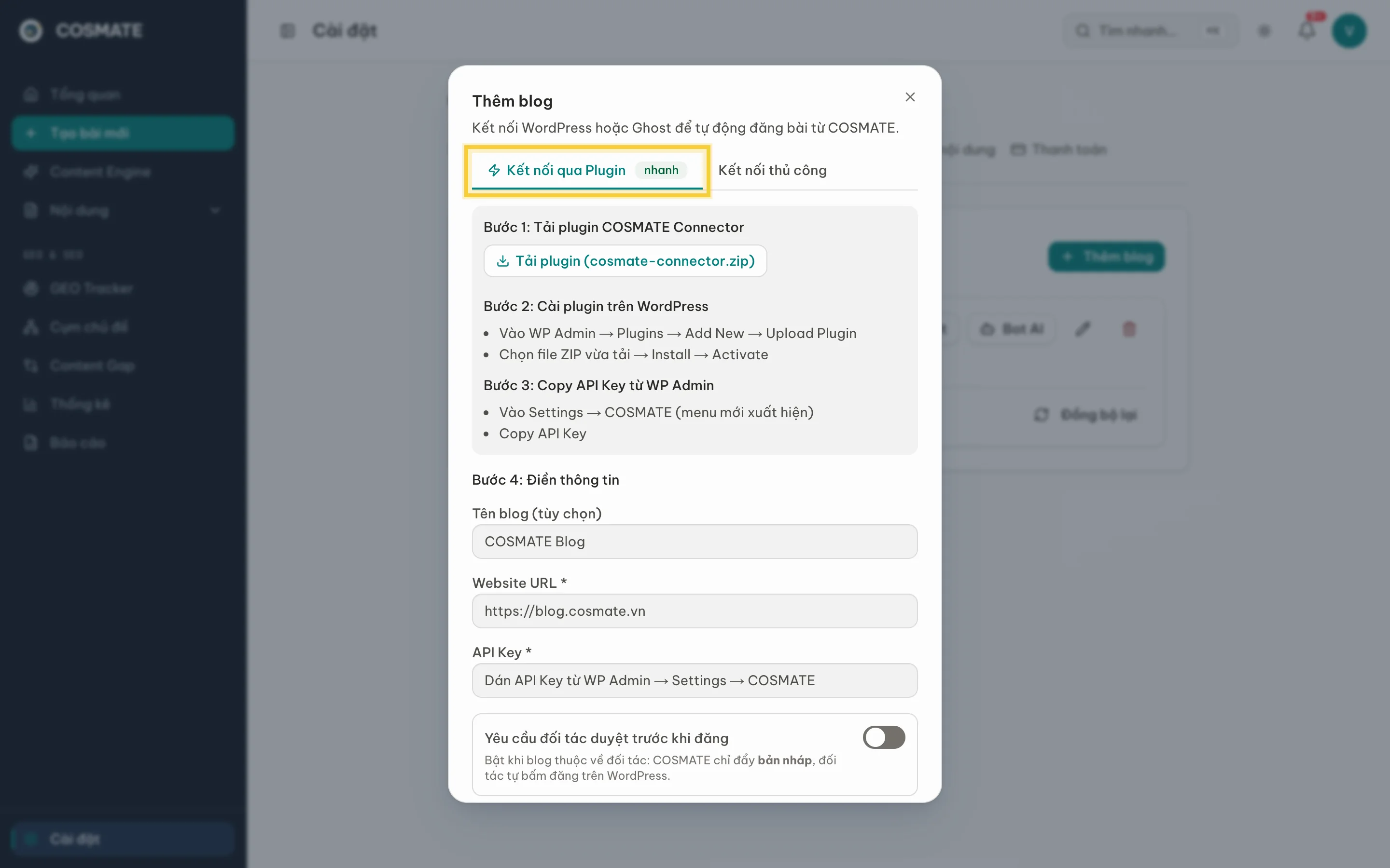 Hộp thoại Thêm blog, tab Kết nối qua Plugin với 4 bước